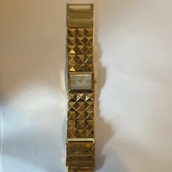 Betsey Johnson Gold Pyramid Stud Watch w/ Original Leopard Box – Needs Battery - Picture 4 of 11